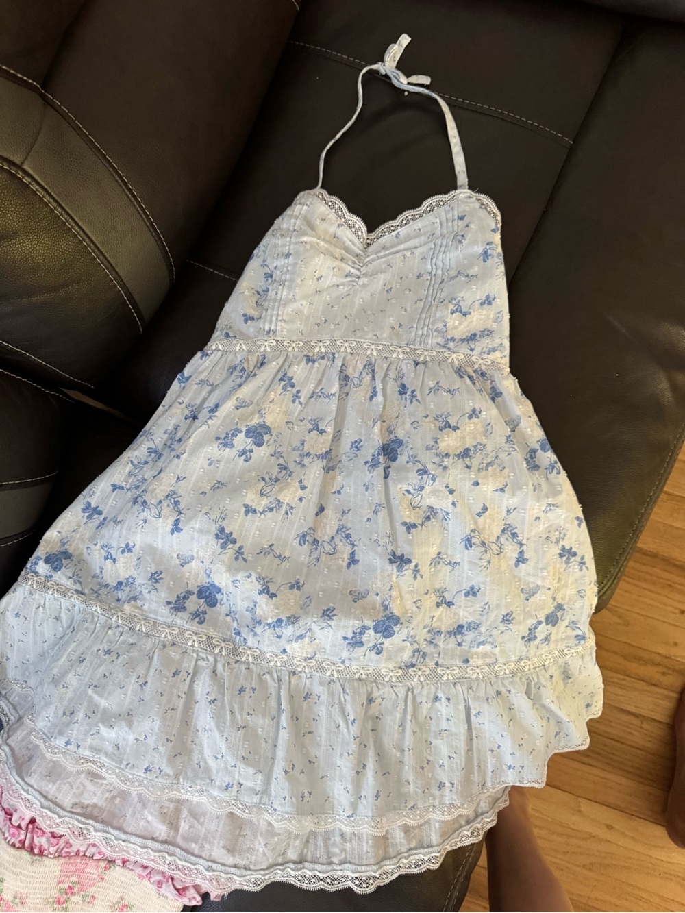 LoveShackFancy Girls' Blue Floral Halter Dress